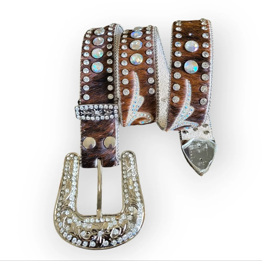 Nocona Women's Calf Hair On Hide Rhinestone Leather Western Belt Brown Silver M